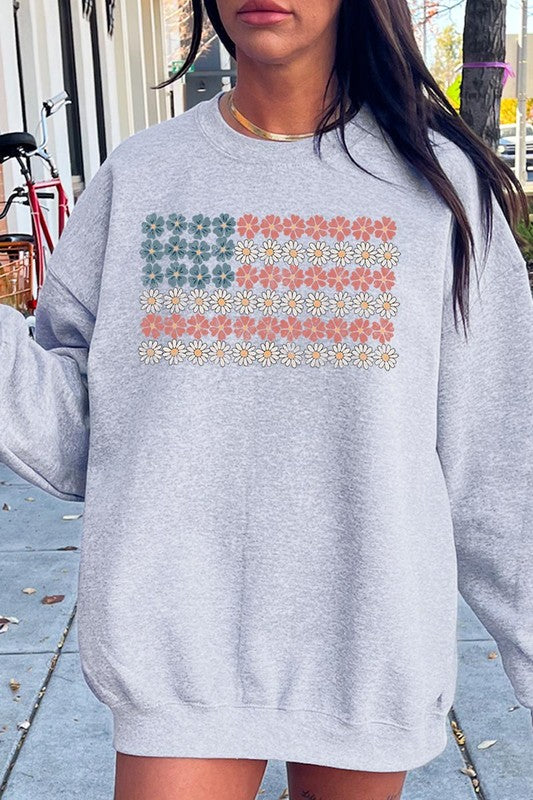 Women Patriotic Flower Flag Graphic Fleece Sweatshirts | Zarnesh