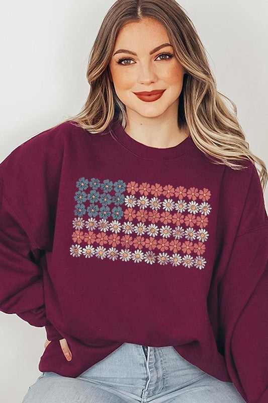 Women Patriotic Flower Flag Graphic Fleece Sweatshirts | Zarnesh