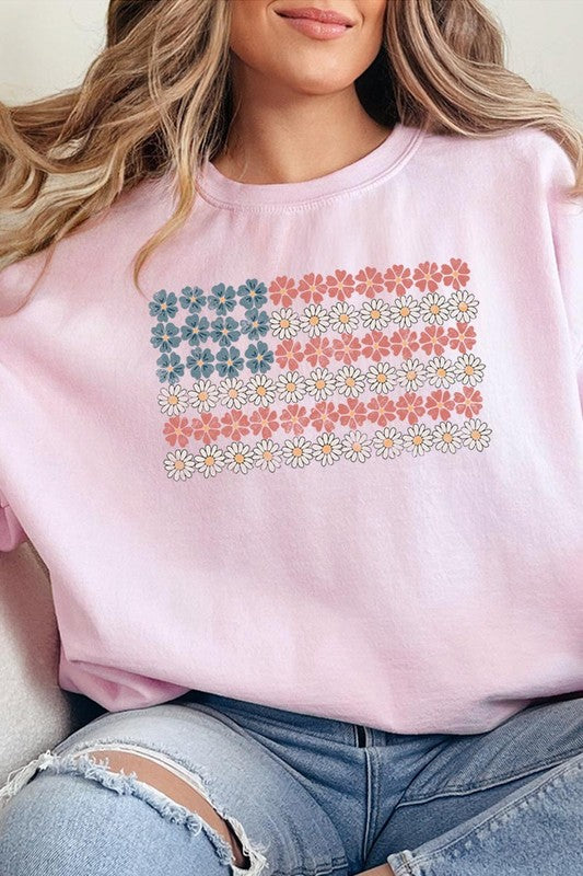 Women Patriotic Flower Flag Graphic Fleece Sweatshirts | Zarnesh