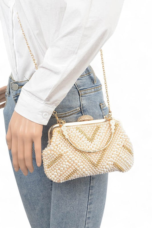Women Pearl Rhinestone Beaded Handle Secure Closure Clutch Bag Zarnesh