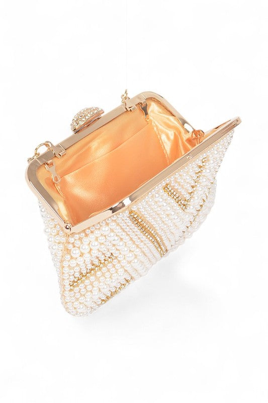 Women Pearl Rhinestone Beaded Handle Secure Closure Clutch Bag Zarnesh