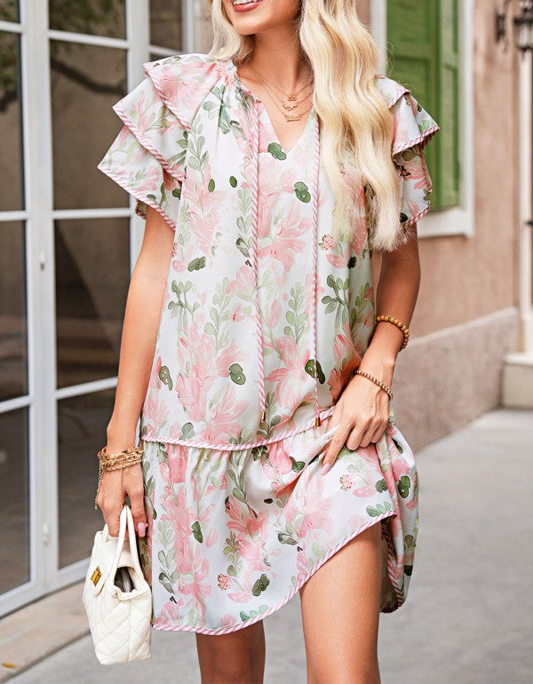 Women Pink Floral Contrast Edge Ruffle Tiered Dress | Zarnesh