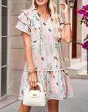 Women Pink Floral Contrast Edge Ruffle Tiered Dress | Zarnesh