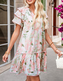 Women Pink Floral Contrast Edge Ruffle Tiered Dress | Zarnesh