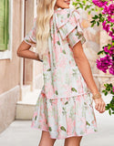 Women Pink Floral Contrast Edge Ruffle Tiered Dress | Zarnesh