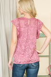 Women Stretch Lace Flutter Sleeve Button Shot Sleeve Top Zarnesh