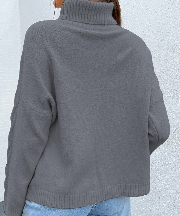 Women Plaid Grey Classic Turtleneck Drop Shoulder Sweater Zarnesh