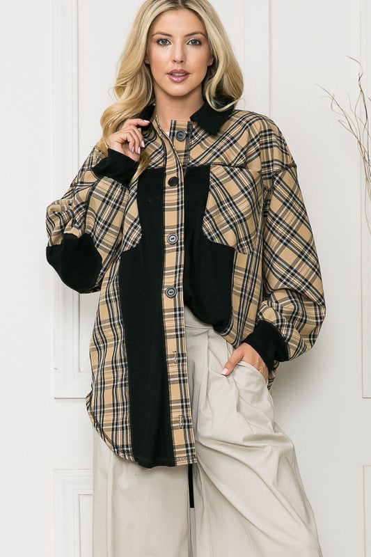 Women's Plaid Oversized Pockets Tunic Length Elbow Patch Shacket | Zarnesh