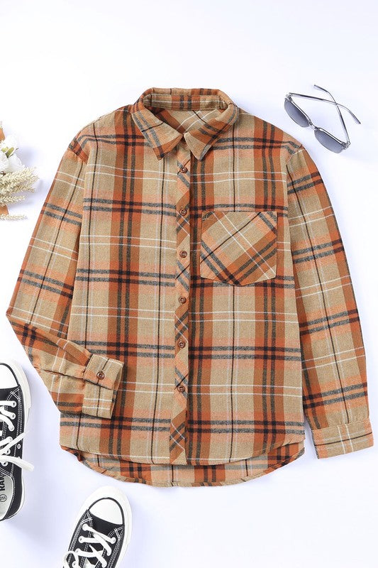 Women Plaid Pocket Buttoned Long Sleeve Turn Down Collar Shirt Zarnesh