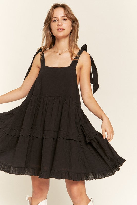 Women Plus Loose Square Neck Self Tie Straps Ruffle Mini Dress Zarnesh