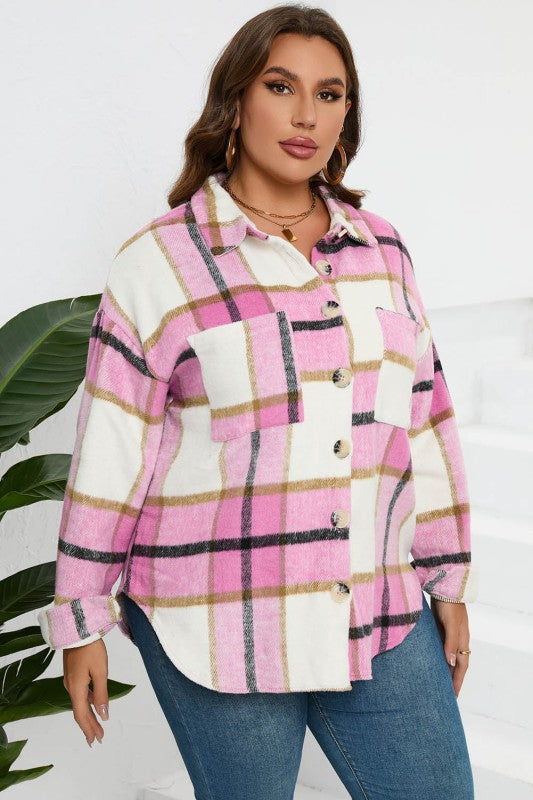 Women’s Plus Checkered Plaid Button-Up Pocketed Shacket | Zarnesh