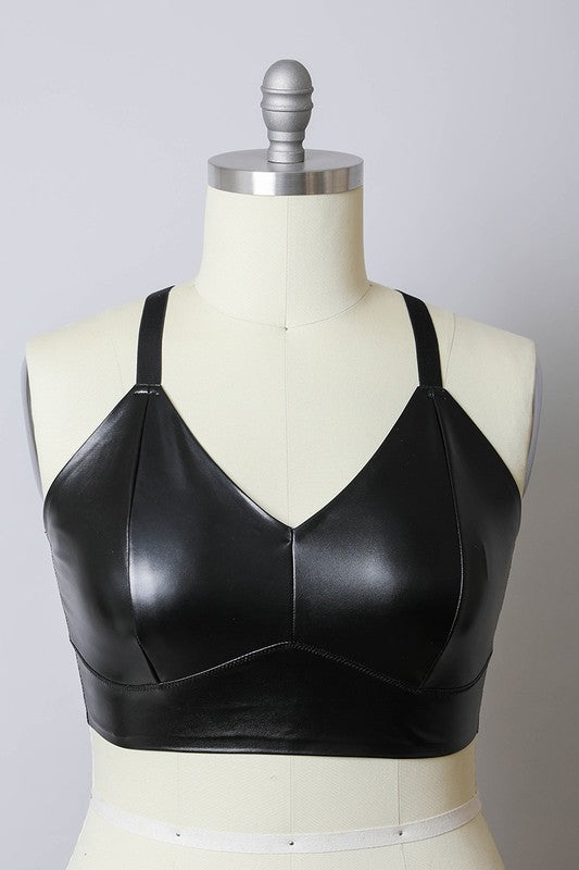 Women Plus Faux Leather Eye Hook And Closure Longline Bralette Zarnesh
