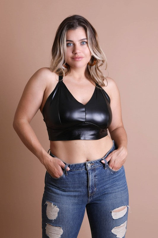 Women Plus Faux Leather Eye Hook And Closure Longline Bralette Zarnesh