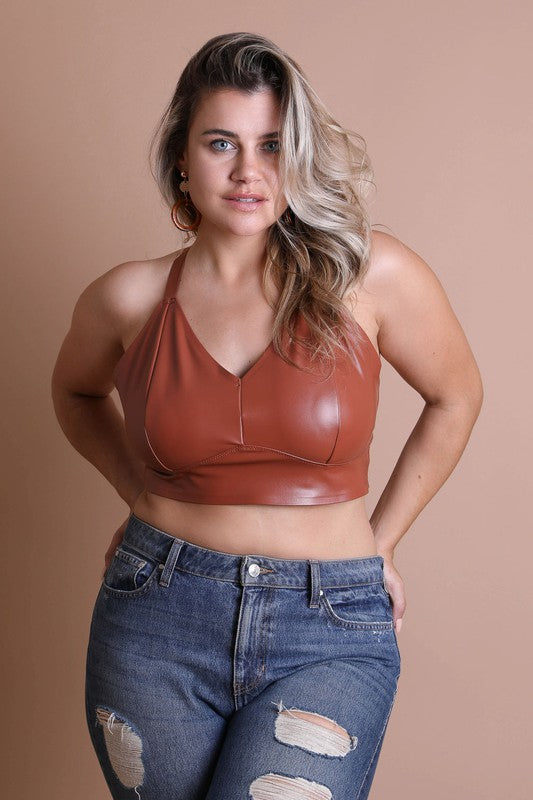 Women Plus Faux Leather Eye Hook And Closure Longline Bralette Zarnesh