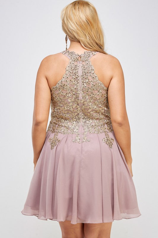Women Plus Gold Embroidered Flared Chiffon Mini Dress | Zarnesh