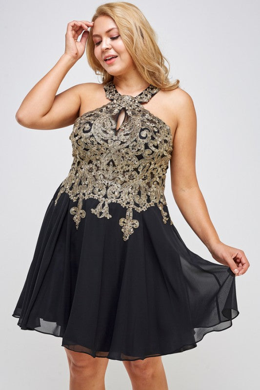 Women Plus Gold Embroidered Flared Chiffon Mini Dress | Zarnesh