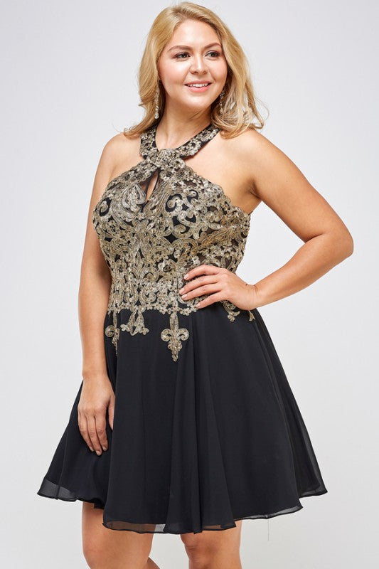 Women Plus Gold Embroidered Flared Chiffon Mini Dress | Zarnesh
