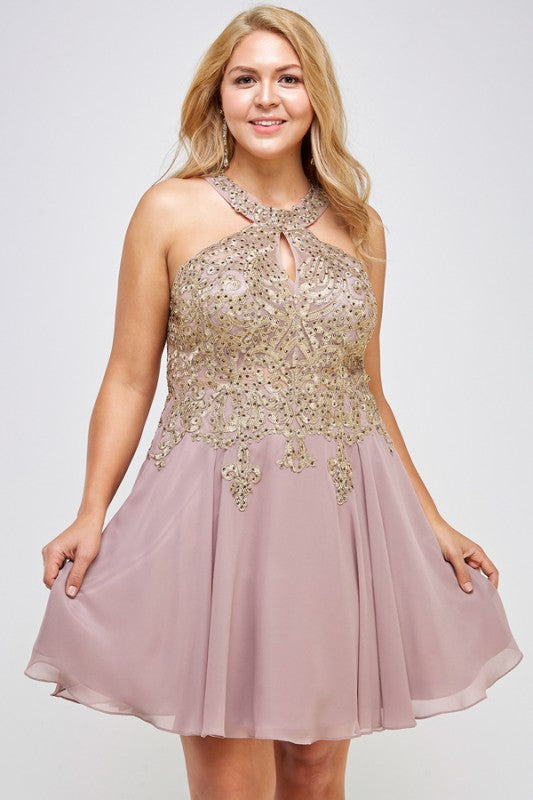 Women Plus Gold Embroidered Flared Chiffon Mini Dress | Zarnesh