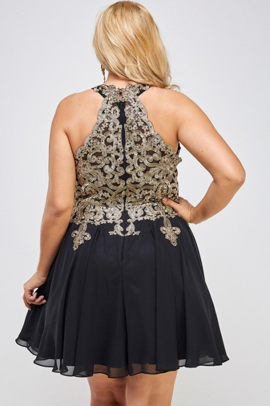 Women Plus Gold Embroidered Flared Chiffon Mini Dress | Zarnesh