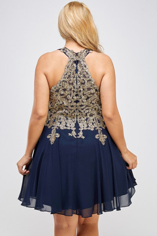 Women Plus Gold Embroidered Flared Chiffon Mini Dress | Zarnesh
