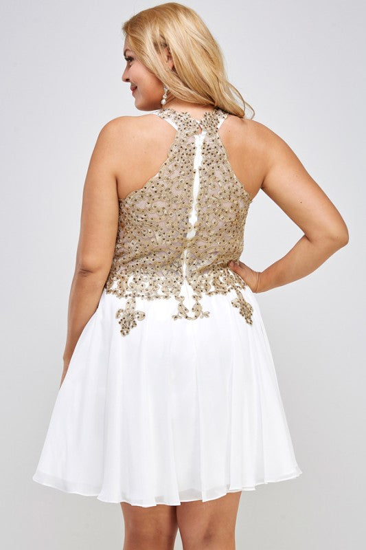 Women Plus Gold Embroidered Flared Chiffon Mini Dress | Zarnesh