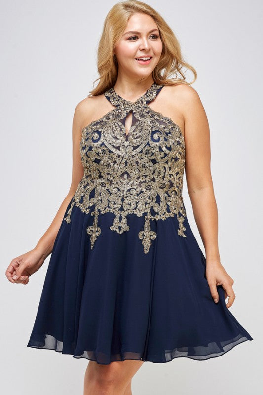 Women Plus Gold Embroidered Flared Chiffon Mini Dress | Zarnesh