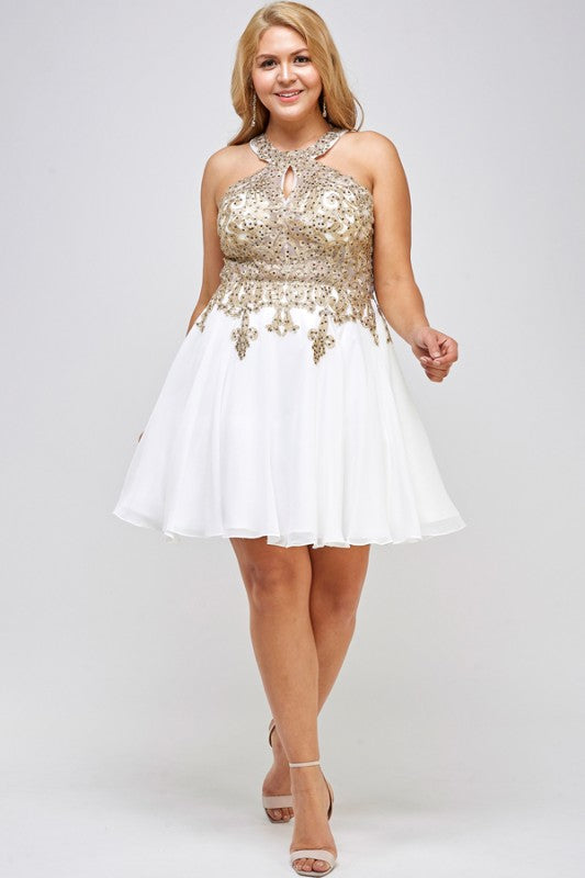 Women Plus Gold Embroidered Flared Chiffon Mini Dress | Zarnesh