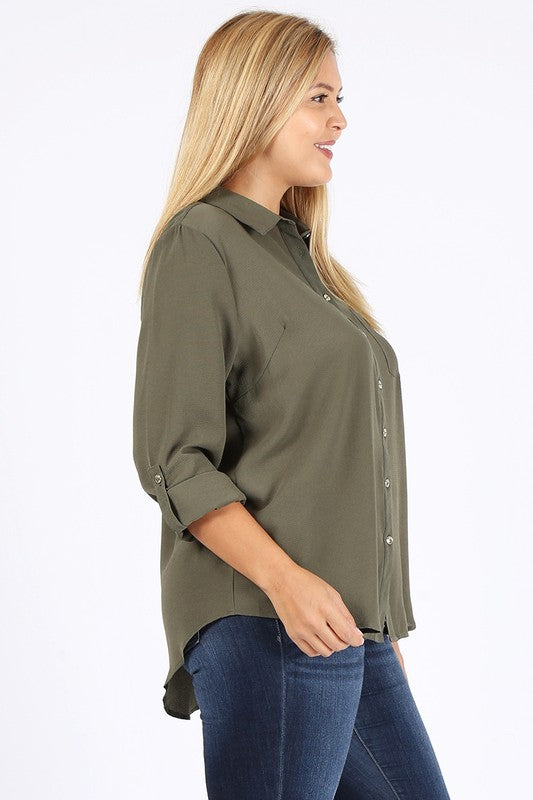 Women's Plus Koshibo Chest Pocket Roll Up Sleeve Top | Zarnesh