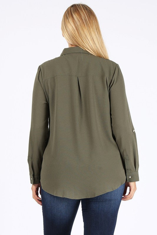 Women's Plus Koshibo Chest Pocket Roll Up Sleeve Top | Zarnesh