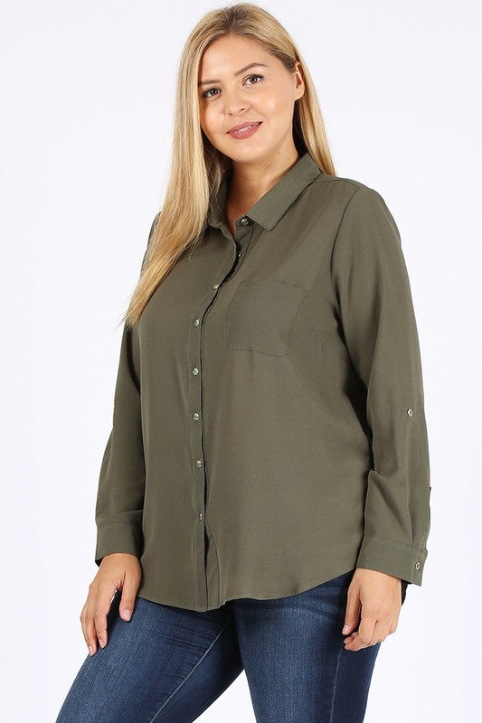 Women's Plus Koshibo Chest Pocket Roll Up Sleeve Top | Zarnesh