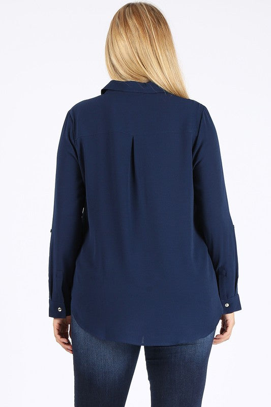 Women's Plus Koshibo Chest Pocket Roll Up Sleeve Top | Zarnesh