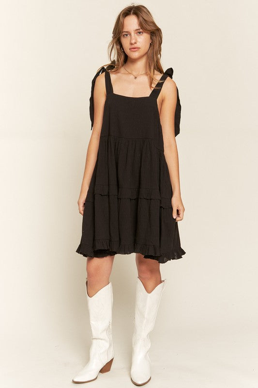 Women Plus Loose Square Neck Self Tie Straps Ruffle Mini Dress Zarnesh