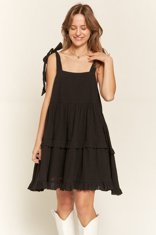 Women Plus Loose Square Neck Self Tie Straps Ruffle Mini Dress Zarnesh