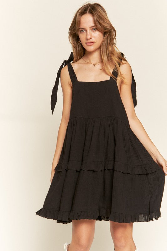 Women Plus Loose Square Neck Self Tie Straps Ruffle Mini Dress Zarnesh