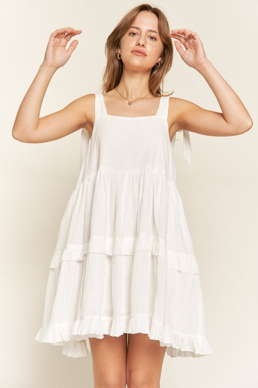 Women Plus Loose Square Neck Self Tie Straps Ruffle Mini Dress Zarnesh