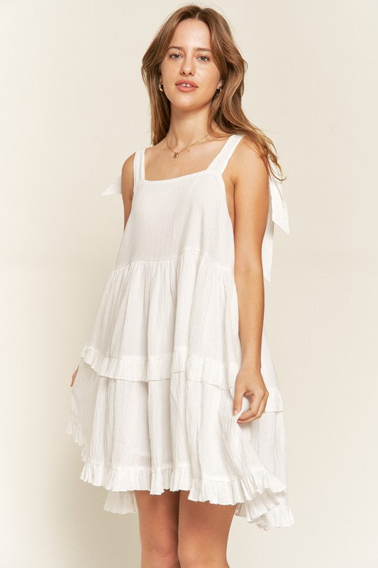 Women Plus Loose Square Neck Self Tie Straps Ruffle Mini Dress Zarnesh