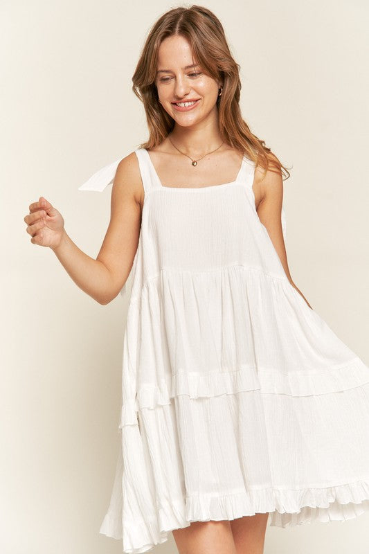 Women Plus Loose Square Neck Self Tie Straps Ruffle Mini Dress Zarnesh