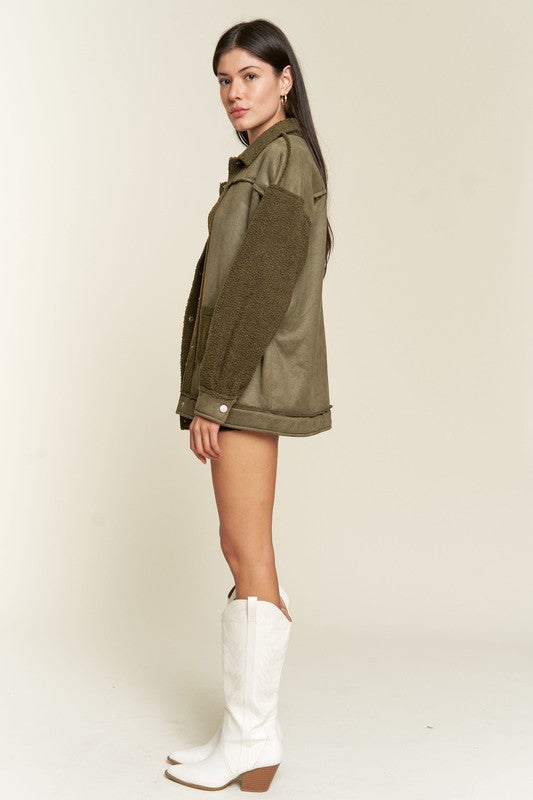 Women’s Plus Suede Button Down Sherpa Lined Jacket | Zarnesh
