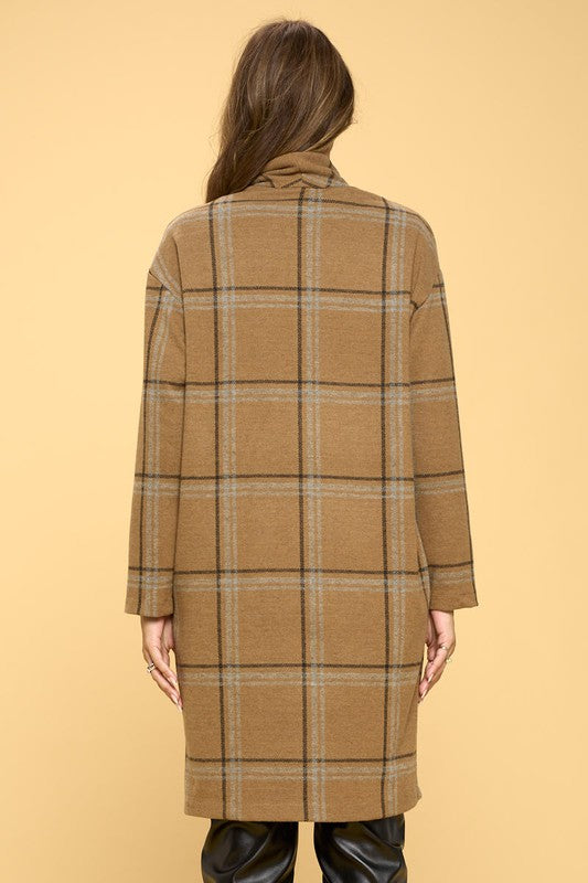 Women Plus Plaid Knee Length Coat with Buttons and Pockets Zarnesh
