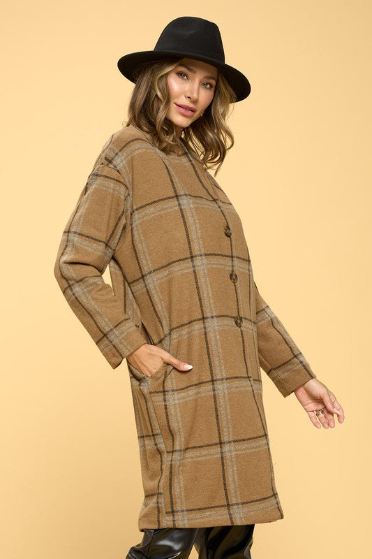 Women Plus Plaid Knee Length Coat with Buttons and Pockets Zarnesh