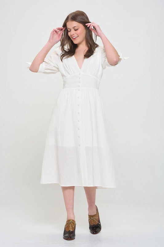 Women Plus Puff Sleeves Lined Textured Button Down Midi Dress Zarnesh