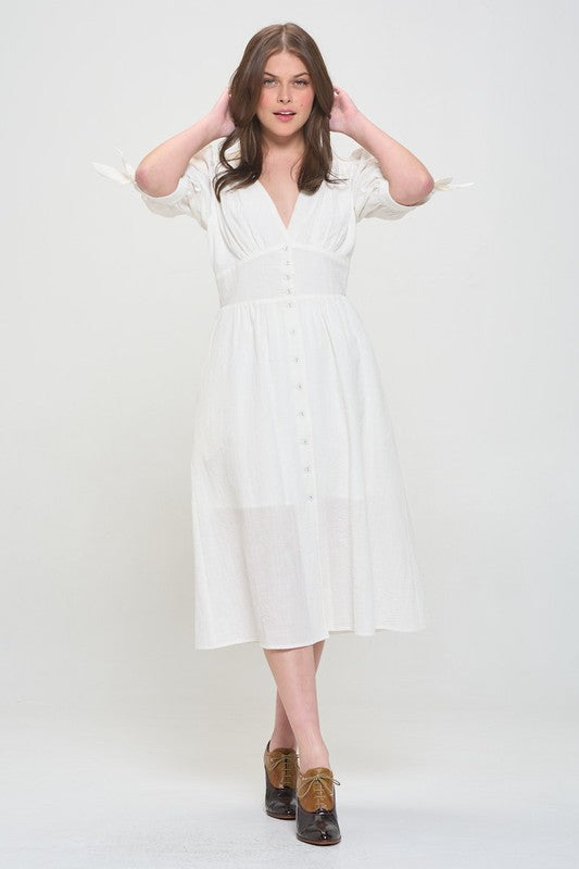 Women Plus Puff Sleeves Lined Textured Button Down Midi Dress Zarnesh
