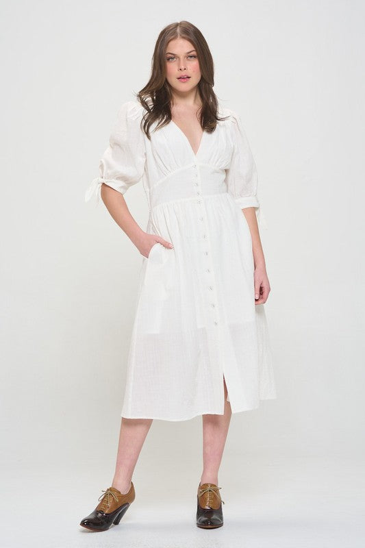 Women Plus Puff Sleeves Lined Textured Button Down Midi Dress Zarnesh