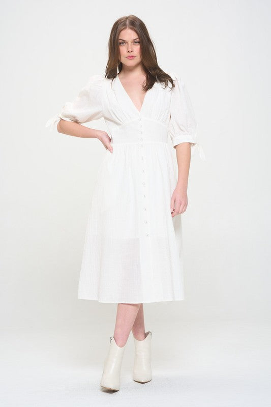 Women Plus Puff Sleeves Lined Textured Button Down Midi Dress Zarnesh