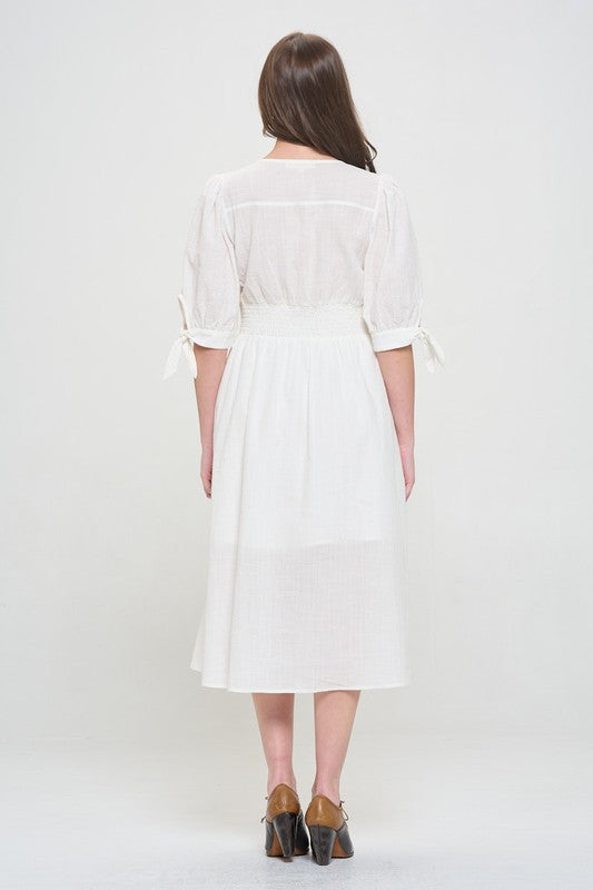 Women Plus Puff Sleeves Lined Textured Button Down Midi Dress Zarnesh
