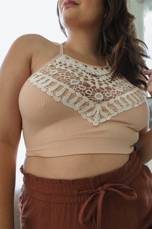 Women Plus Size Fit Crochet Lace High Neck Pullover Bralette Zarnesh