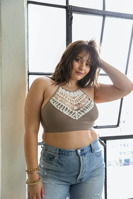 Women Plus Size Fit Crochet Lace High Neck Pullover Bralette Zarnesh