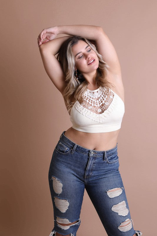 Women Plus Size Fit Crochet Lace High Neck Pullover Bralette Zarnesh