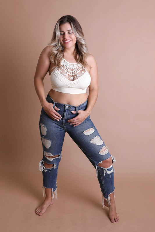 Women Plus Size Fit Crochet Lace High Neck Pullover Bralette Zarnesh