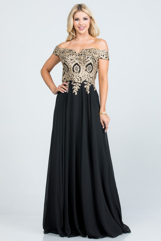 Women Plus Size Full Length Off Shoulder Chiffon Gown with Gold Lace Zarnesh